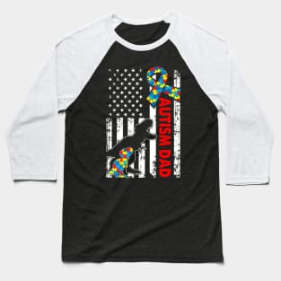 Mens Distressed Dinosaur Autism Dad USA Flag Autism Awareness Baseball T-Shirt